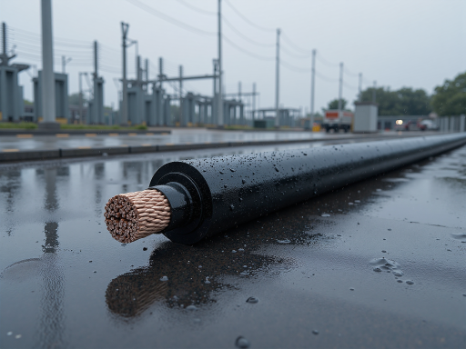 High voltage power cable product close-up, copper core cable structure clearly visible, insulation layers tightly wrapped, smooth black outer sheath