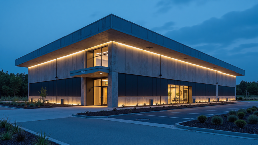 Modern wire and cable factory远景, blue sky and white clouds background, modern factory buildings arranged neatly, green vegetation surrounding, demonstrating sustainable development concept