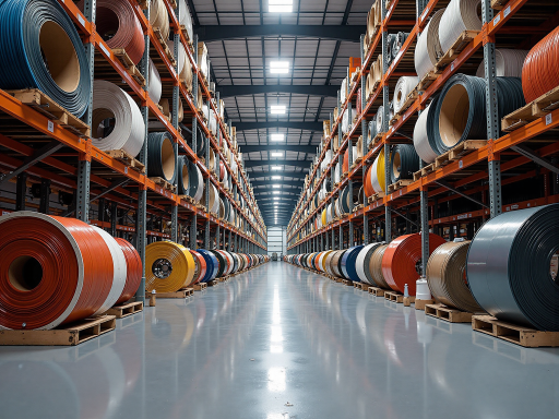 Modern wire and cable factory exterior, large industrial building with green vegetation surrounding, sunny day with blue sky